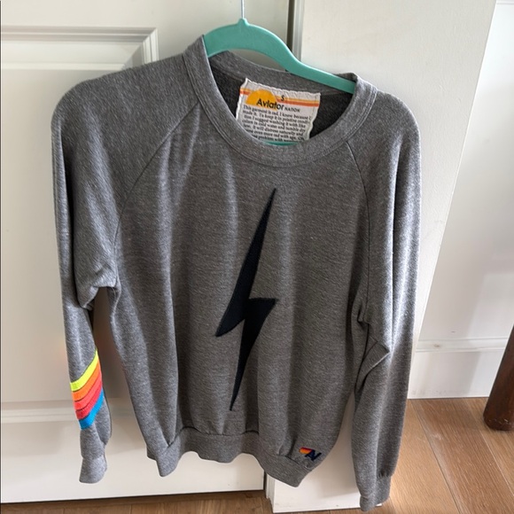 Aviator Nation Gray Sweater with Lightning Bolt and Rainbow Sleeve - Picture 1 of 5